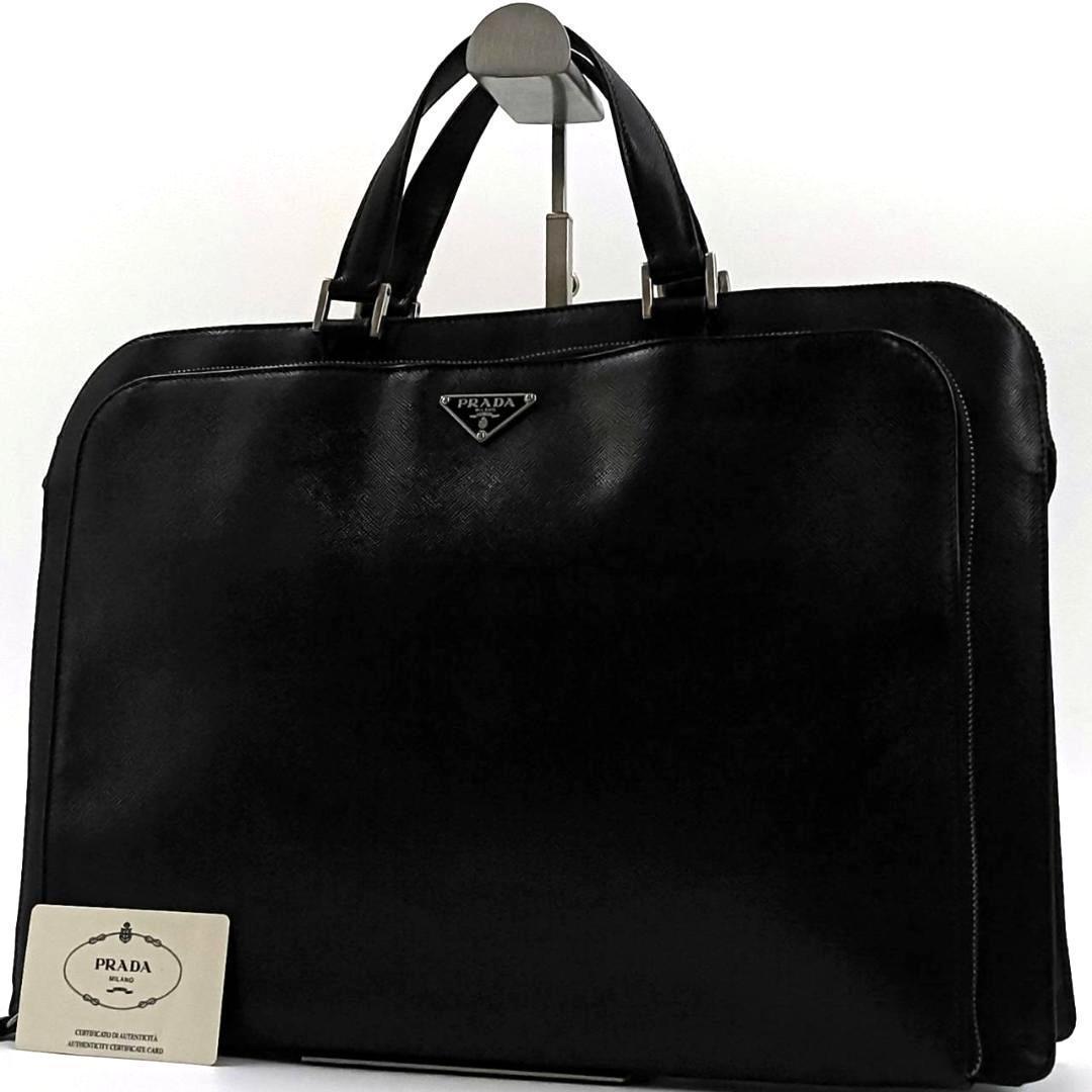 極希少✨️プラダ　サフィアーノ　ビジネスバッグ　三角プレート　レザー　黒　白タグ