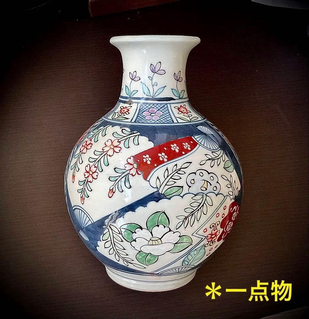 №８７６　佐藤走波（六代）　花瓶or つぼ　染錦　扇絵辻が花文【特特選•一点物】