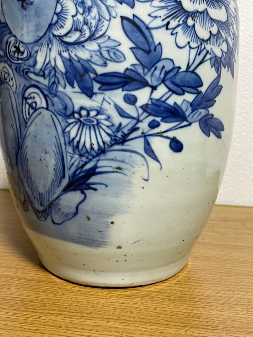 中国古玩　染付 双耳 大花瓶 高約43.2cm 清朝 時代物 中国美術 花瓶