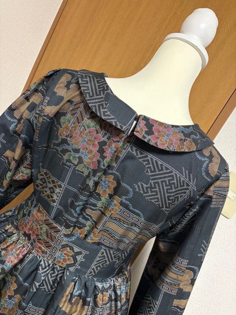 着物リメイク♪ 大島紬　3段ティアードワンピース　花模様　裏地付き　ＭーＬ