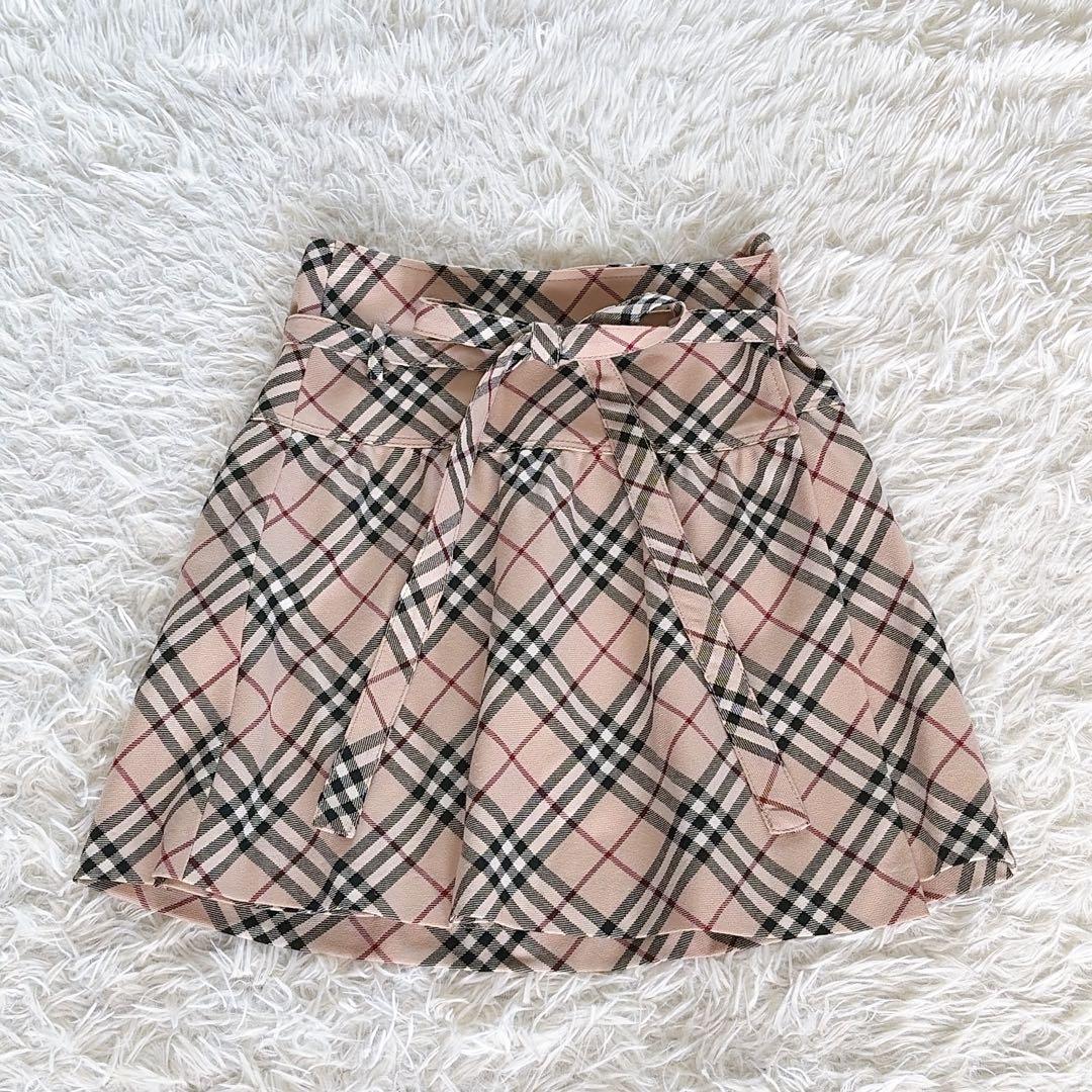 【バーバリーブルーレーベル】リボンベルトラップフレアスカート ノバチェック 36