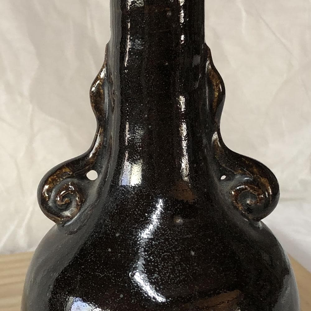 e3077 三浦竹軒 黒釉 鶴首 耳付 花入 共箱 茶道具