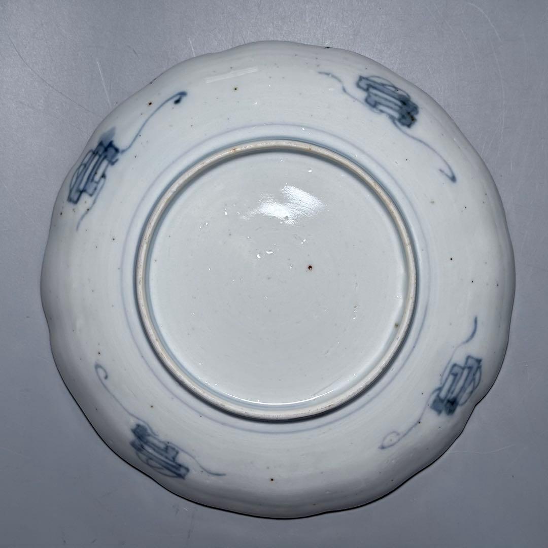 古伊万里　色絵花鳥図輪花形七寸皿　松竹梅　裏巻物文様　江戸期　金蘭手　最後の四枚