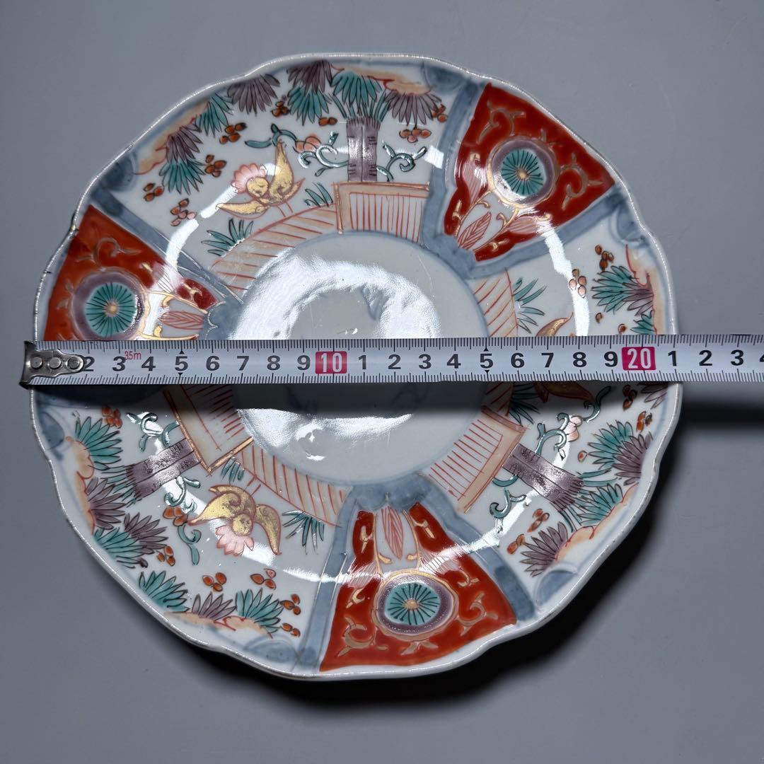 古伊万里　色絵花鳥図輪花形七寸皿　松竹梅　裏巻物文様　江戸期　金蘭手　最後の四枚