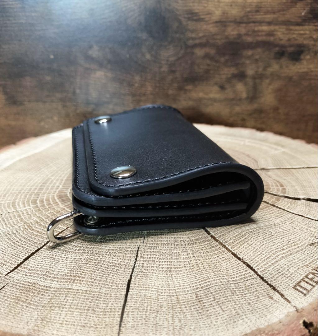 栃木レザー　札ポケット付きミドルトラッカーウォレット3層　黒　ハンドメイド