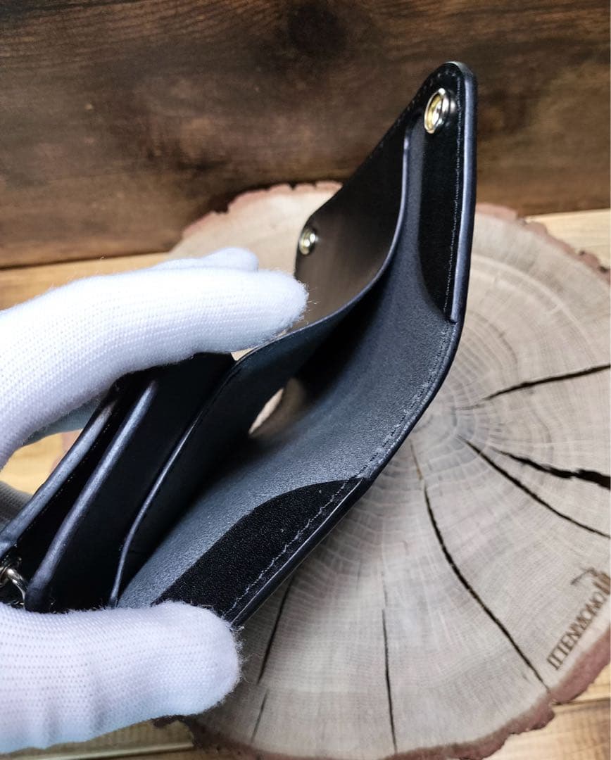 栃木レザー　札ポケット付きミドルトラッカーウォレット3層　黒　ハンドメイド