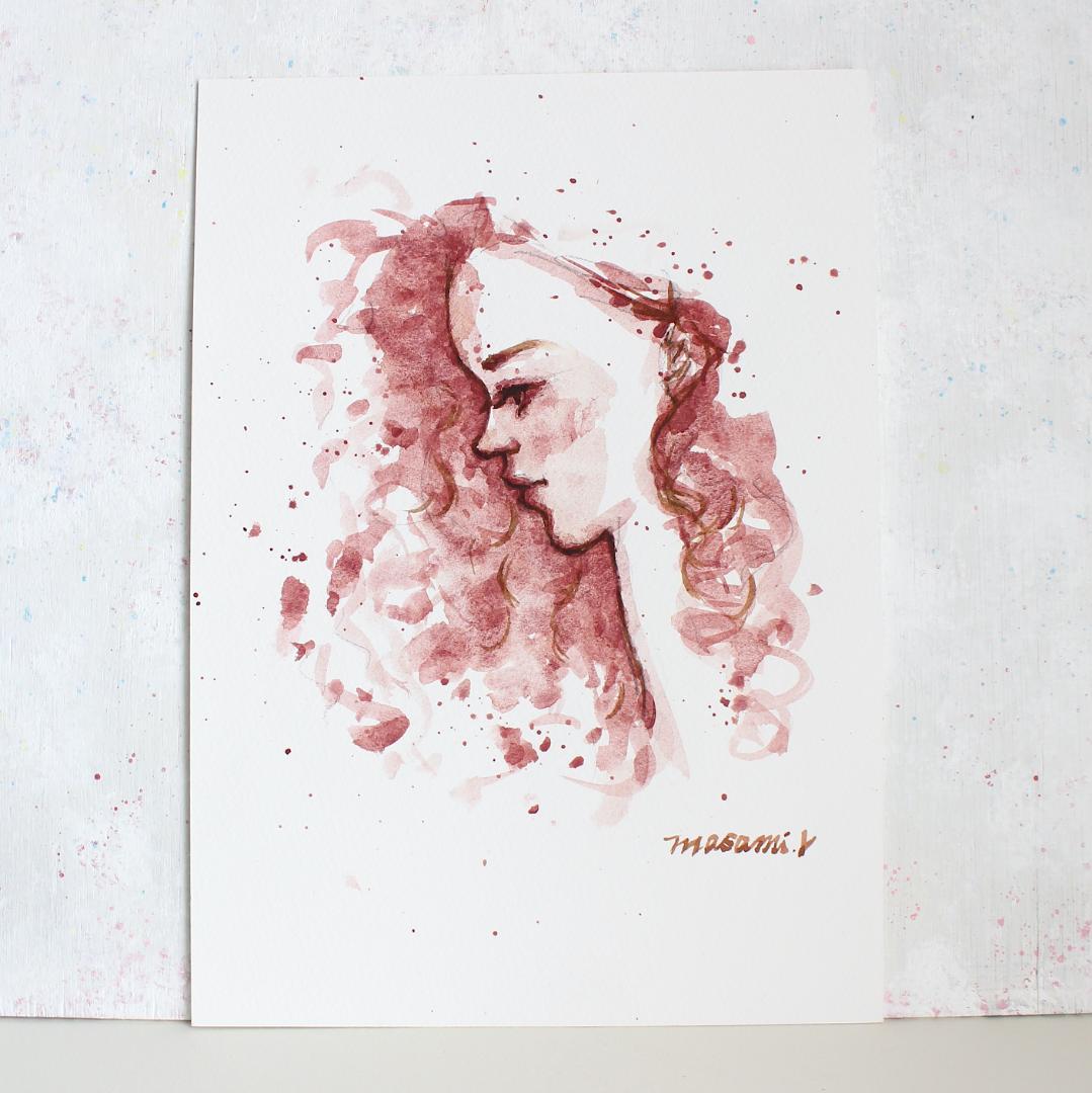 「woman,pink」水彩画 原画 B5