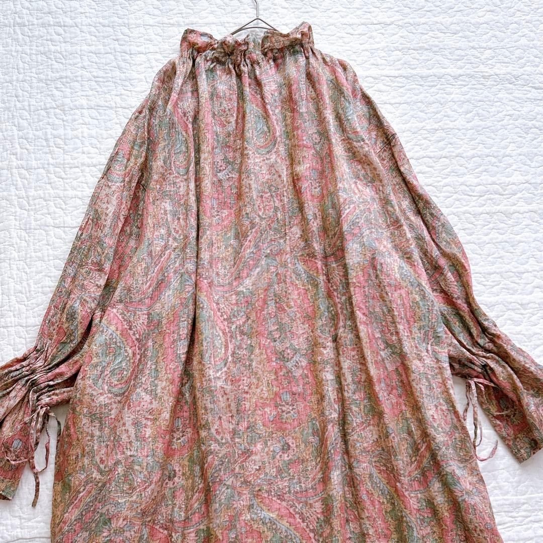 イチ ichi リネン100 ワンピース ペイズリー柄 フリル リボン ゆったり