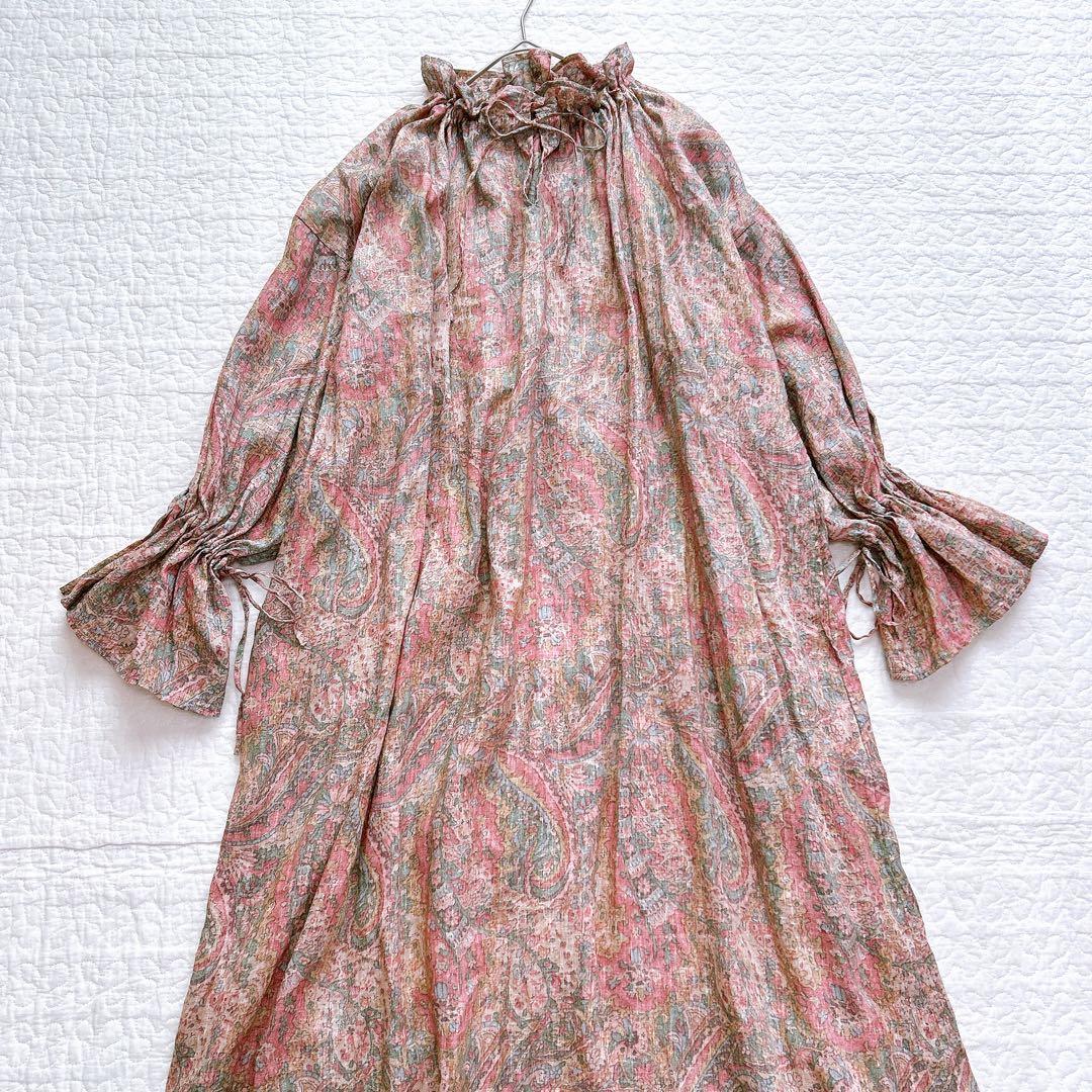 イチ ichi リネン100 ワンピース ペイズリー柄 フリル リボン ゆったり