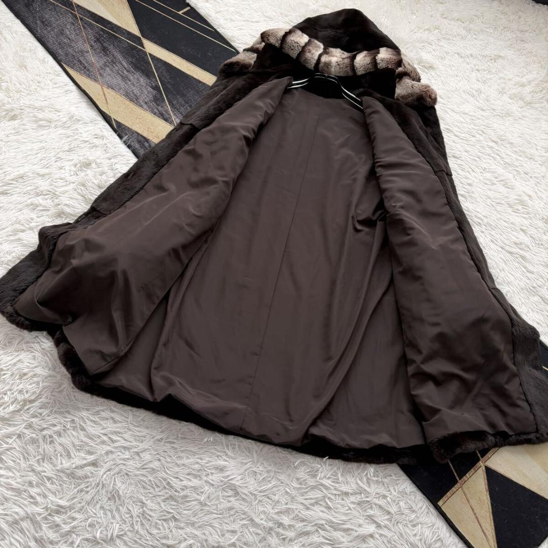 着丈89/激レアデザイン◎ ティアード/フード ロング ファーコート 毛皮 XL