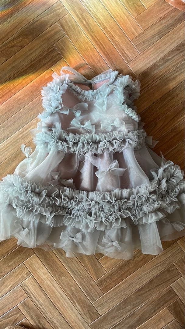 グレー フリル リボン付き チュールドレス