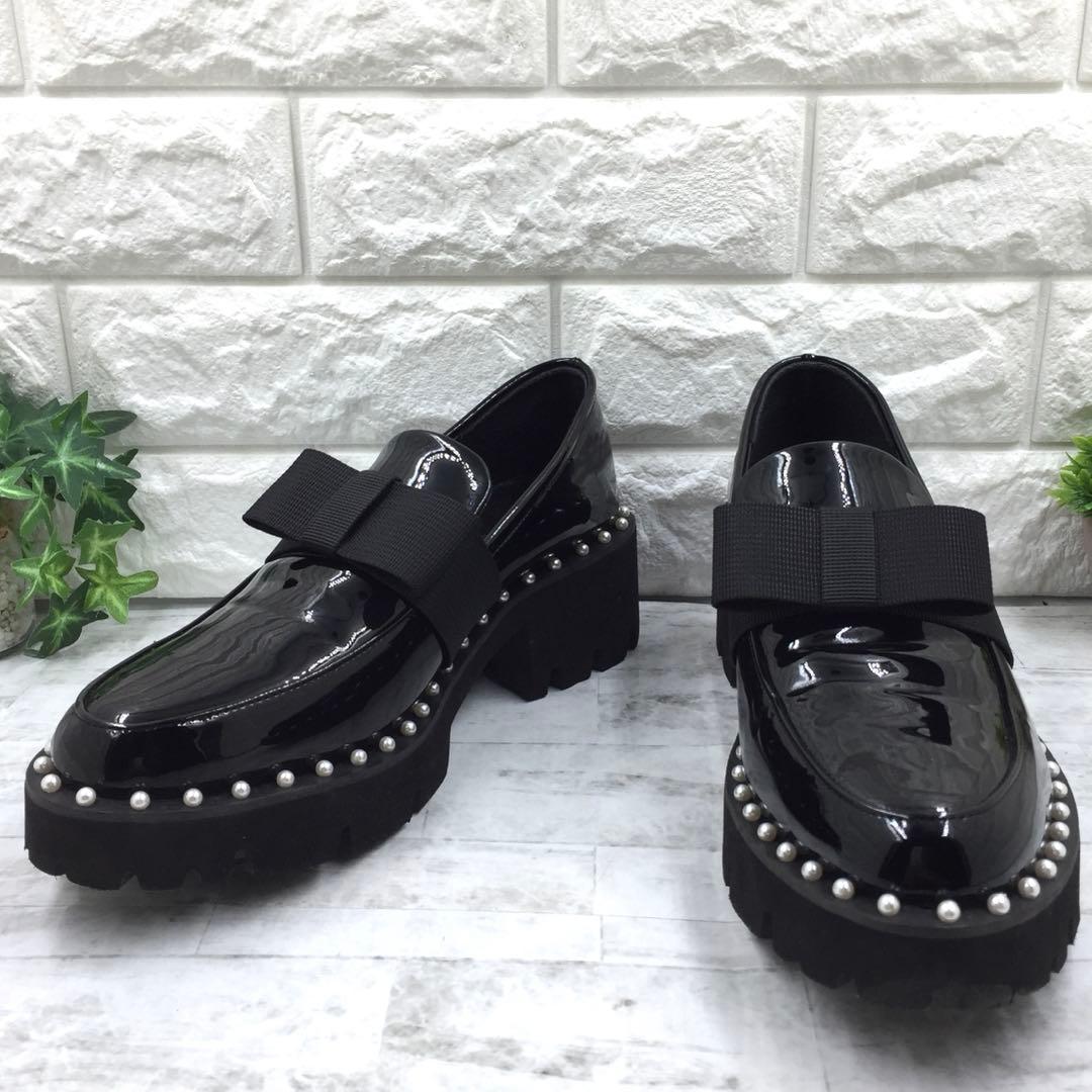【美品】Akiron x Donoban パールリボンエナメルローファー 黒