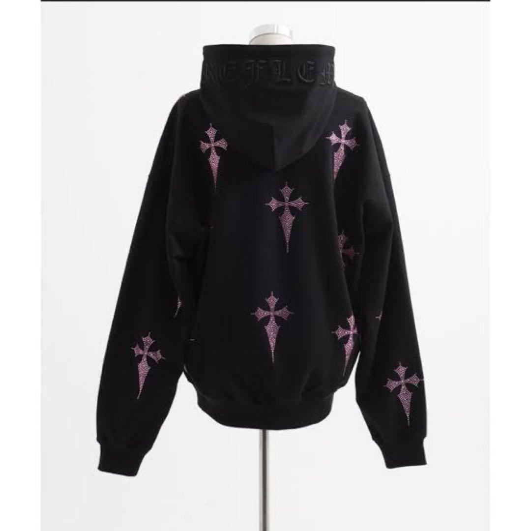 REFLEM クロス総柄 ラインストーン ジップパーカー 黒×ピンク