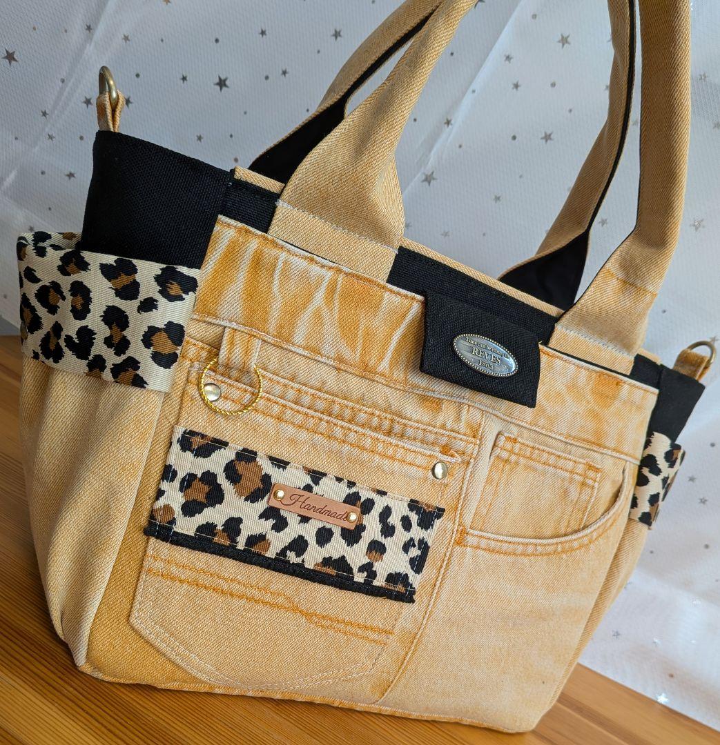 オレンジデニムリメイクバッグ（L）No.842☆ハンドバッグ　横長ポーチ