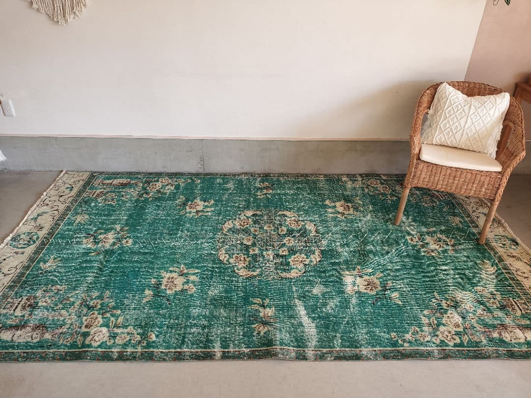 超大判/エメラルドグリーンのシノワズリラグ　トリコヴィンテージラグ　No586