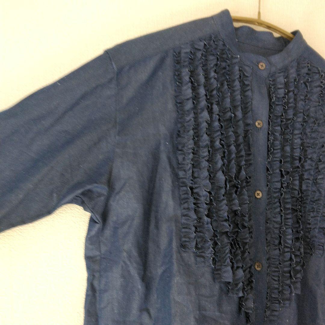 ユナイテッドアローズ UGCS フリル スタンドカラーシャツ NAVY リネン