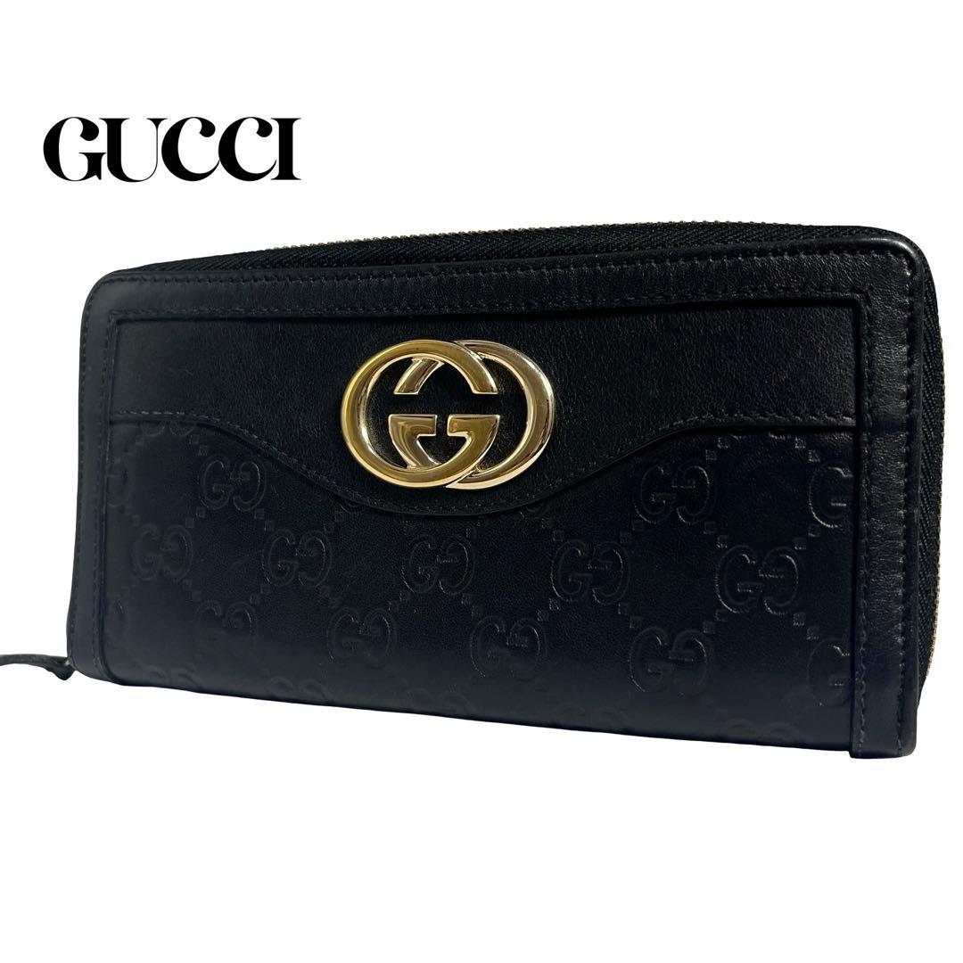 希少✨グッチ 長財布 ラウンドファスナー GGインターロッキング シマ 黒