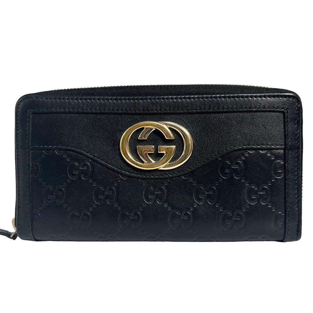 希少✨グッチ 長財布 ラウンドファスナー GGインターロッキング シマ 黒