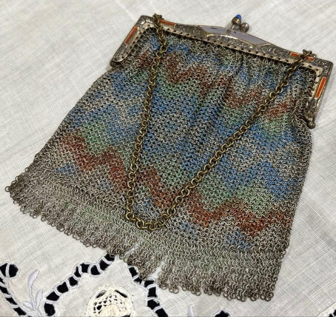 ヨーロッパ製 Antique メタルチェーンメッシュパース エナメル装飾