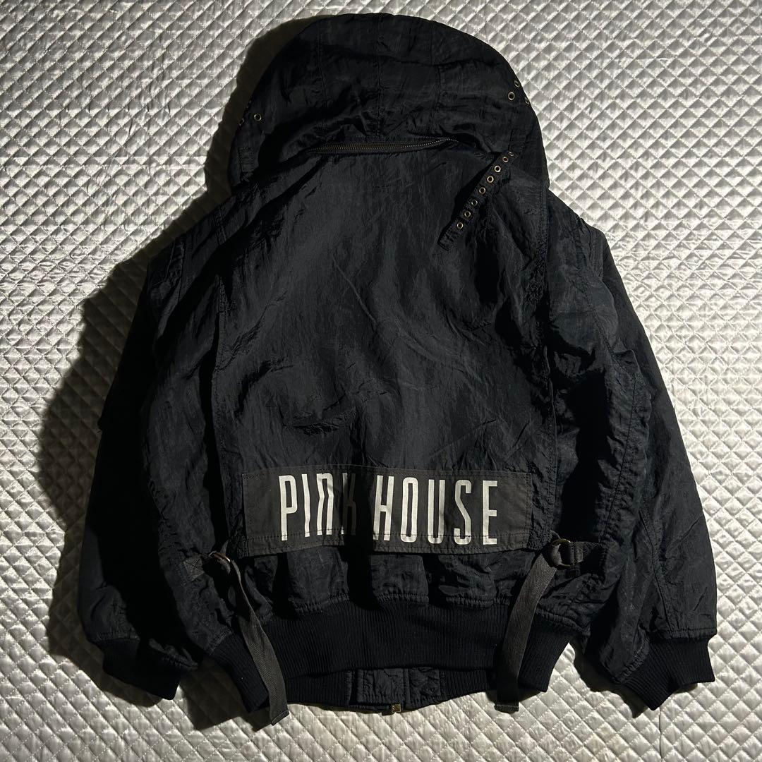 90s PINK HOUSE ゼッケンブルゾン 黒 ワッペン フード