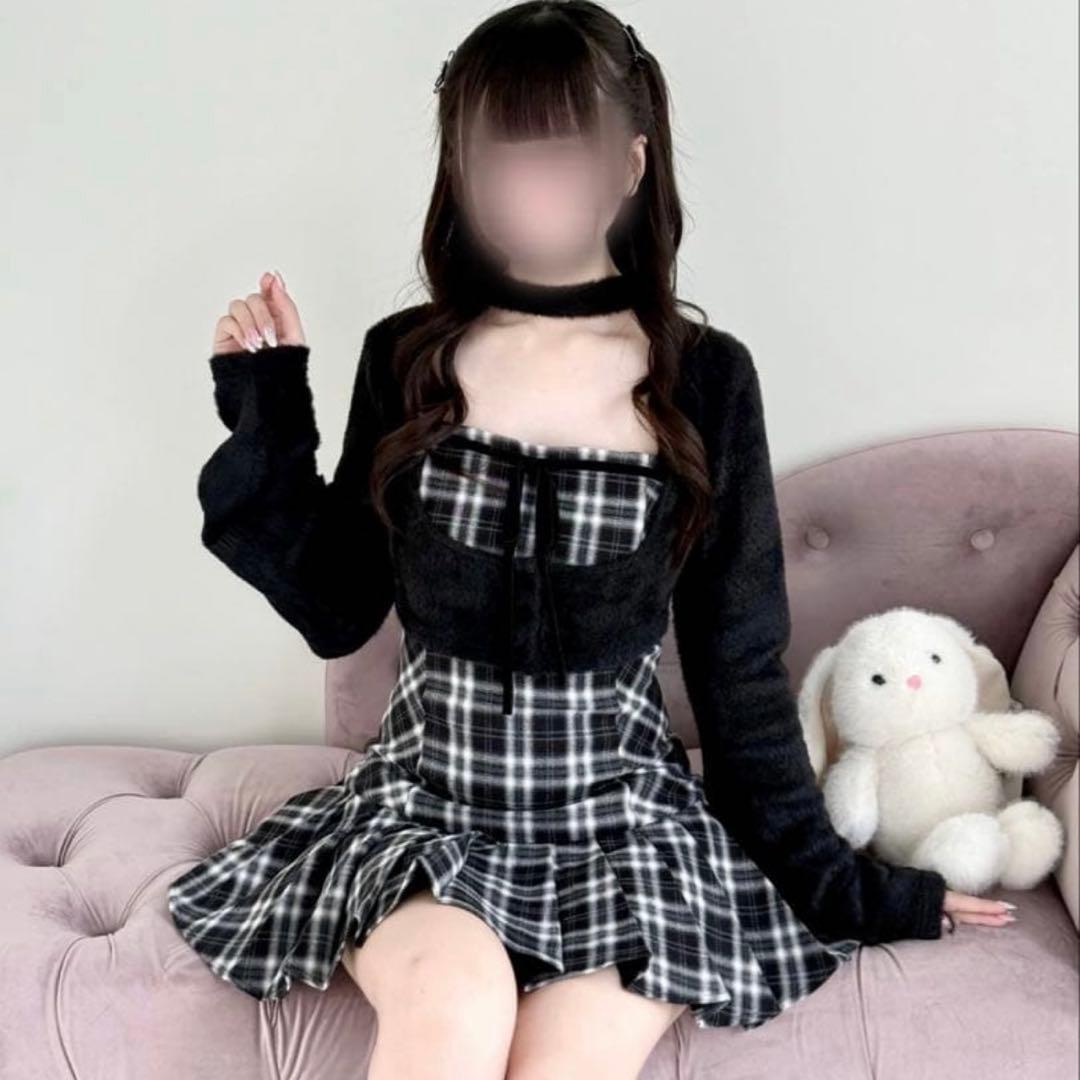 BunnyLisファーボレロ×チェックミニワンピセット ブラック M