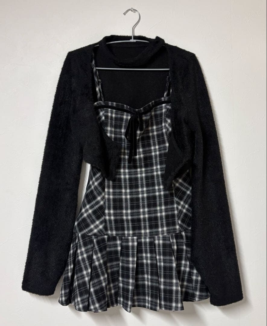 BunnyLisファーボレロ×チェックミニワンピセット ブラック M