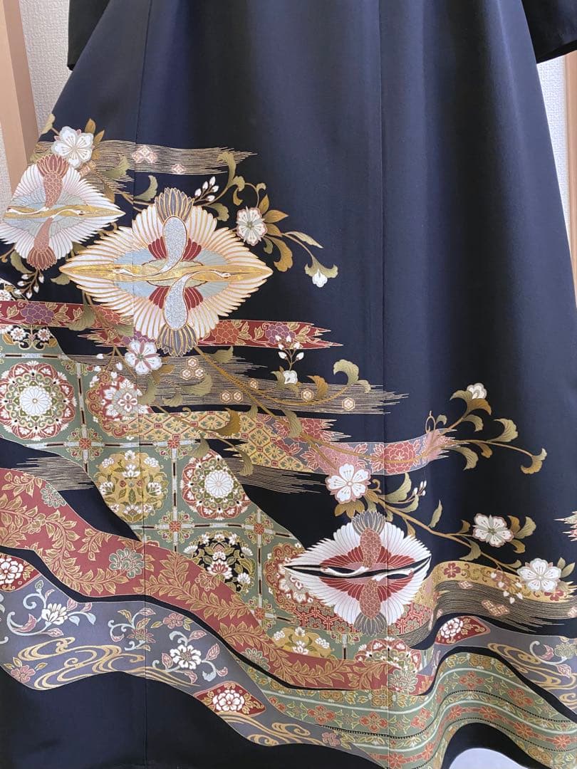 留袖ワンピース　留袖ドレス　着物リメイクロングワンピース　ハンドメイド　黒留袖