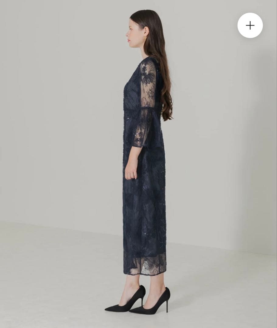 Leja スパンコールレーススリーブIラインロングワンピースドレス　現物写真あり