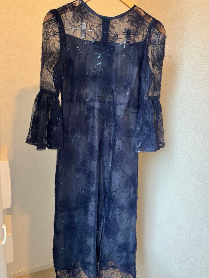 Leja スパンコールレーススリーブIラインロングワンピースドレス　現物写真あり