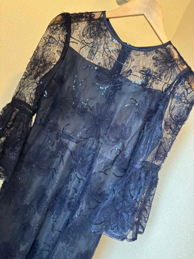 Leja スパンコールレーススリーブIラインロングワンピースドレス　現物写真あり