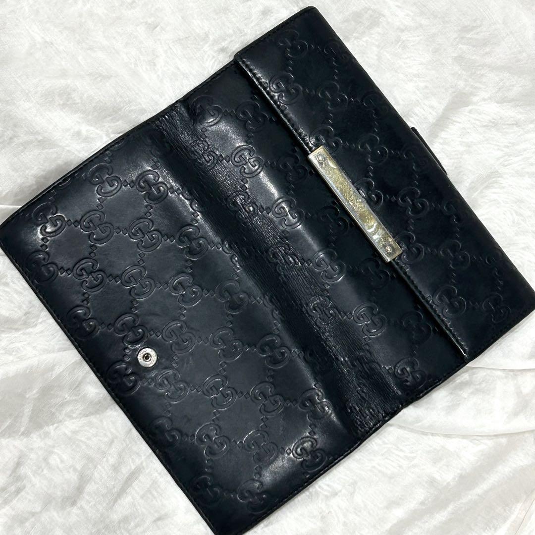 GUCCI グッチ 長財布 黒 GG ロゴプレート シマ レザー ブラック 美品