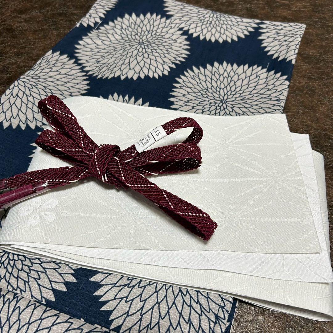 浴衣　綿麻　粋な夏着物　菊柄　紺色　半幅帯　2点セット　0719⑧