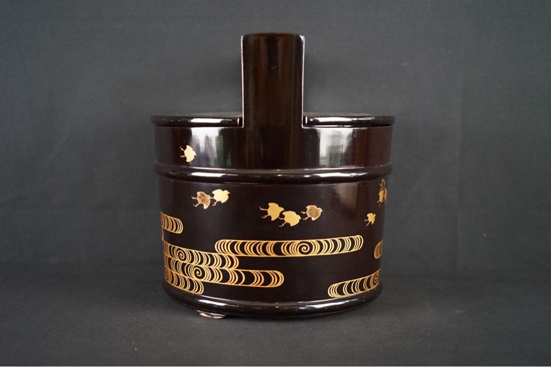 波 千鳥蒔絵 手桶水指 時代物 箱付 茶道具