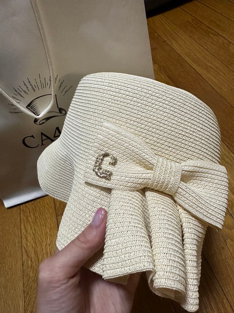 アイボリー リボン付き 麦わら帽子