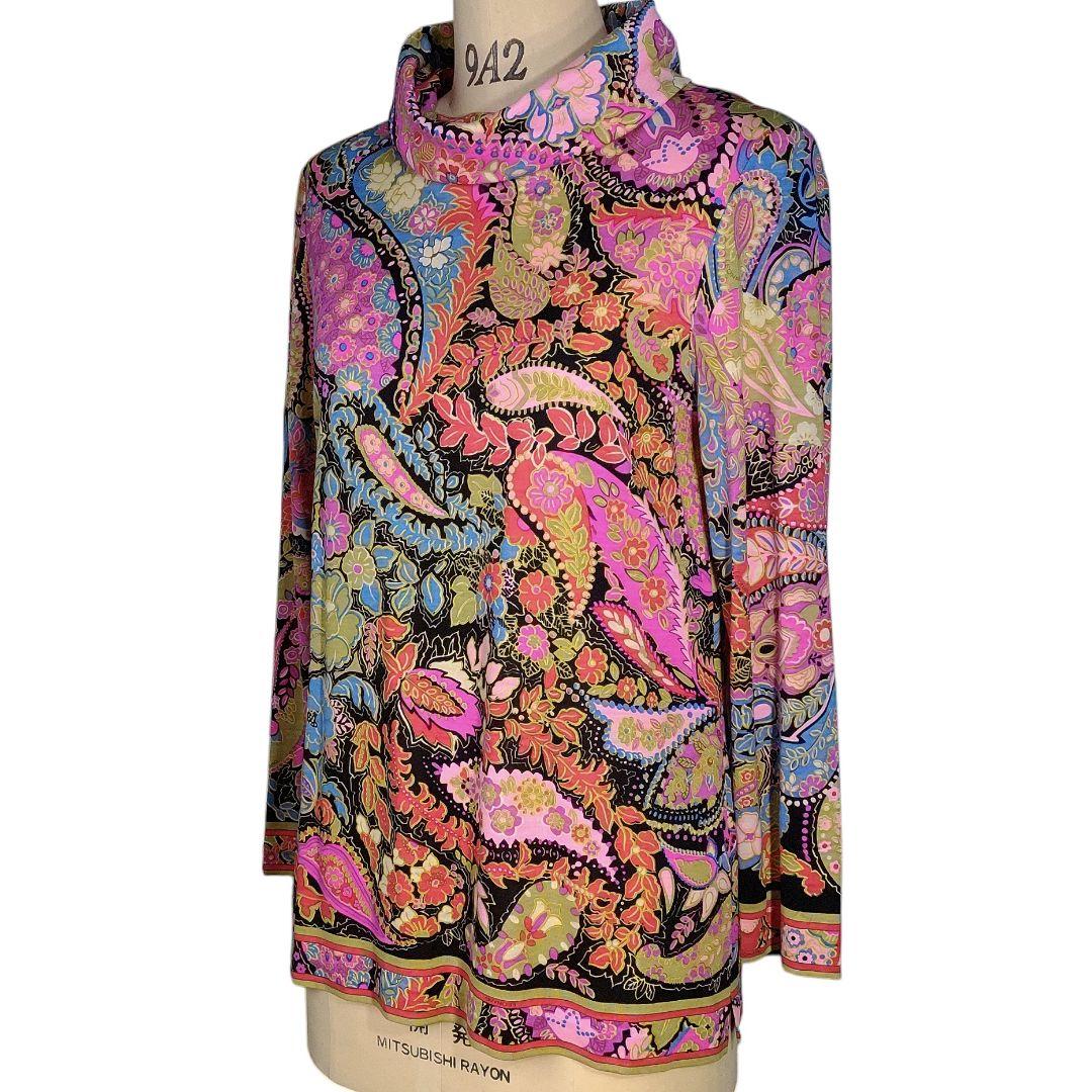 ☆ LEONARD シルク混 ハイネック フラワー&ペイズリー柄 長袖カットソー