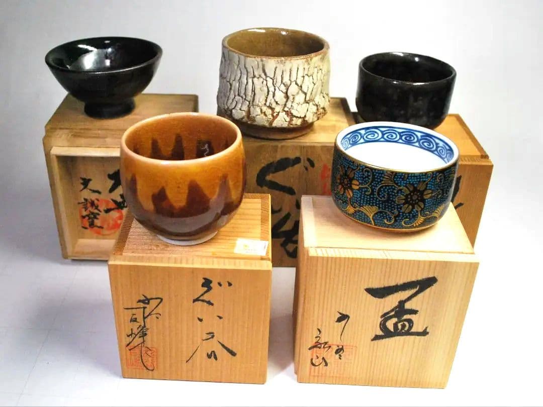 盃　ぐい呑み　コレクション　九谷焼　米子焼　益子焼　共箱付き　５客セット