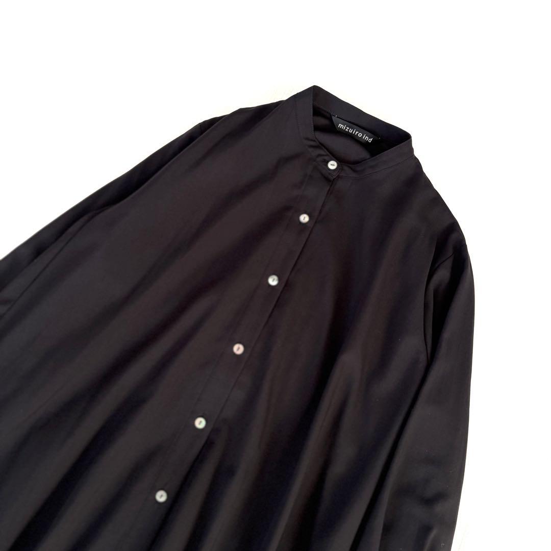 ミズイロインド ▲∴+ T/Rスタンドカラーフレアワンピース 日本製 ブラック