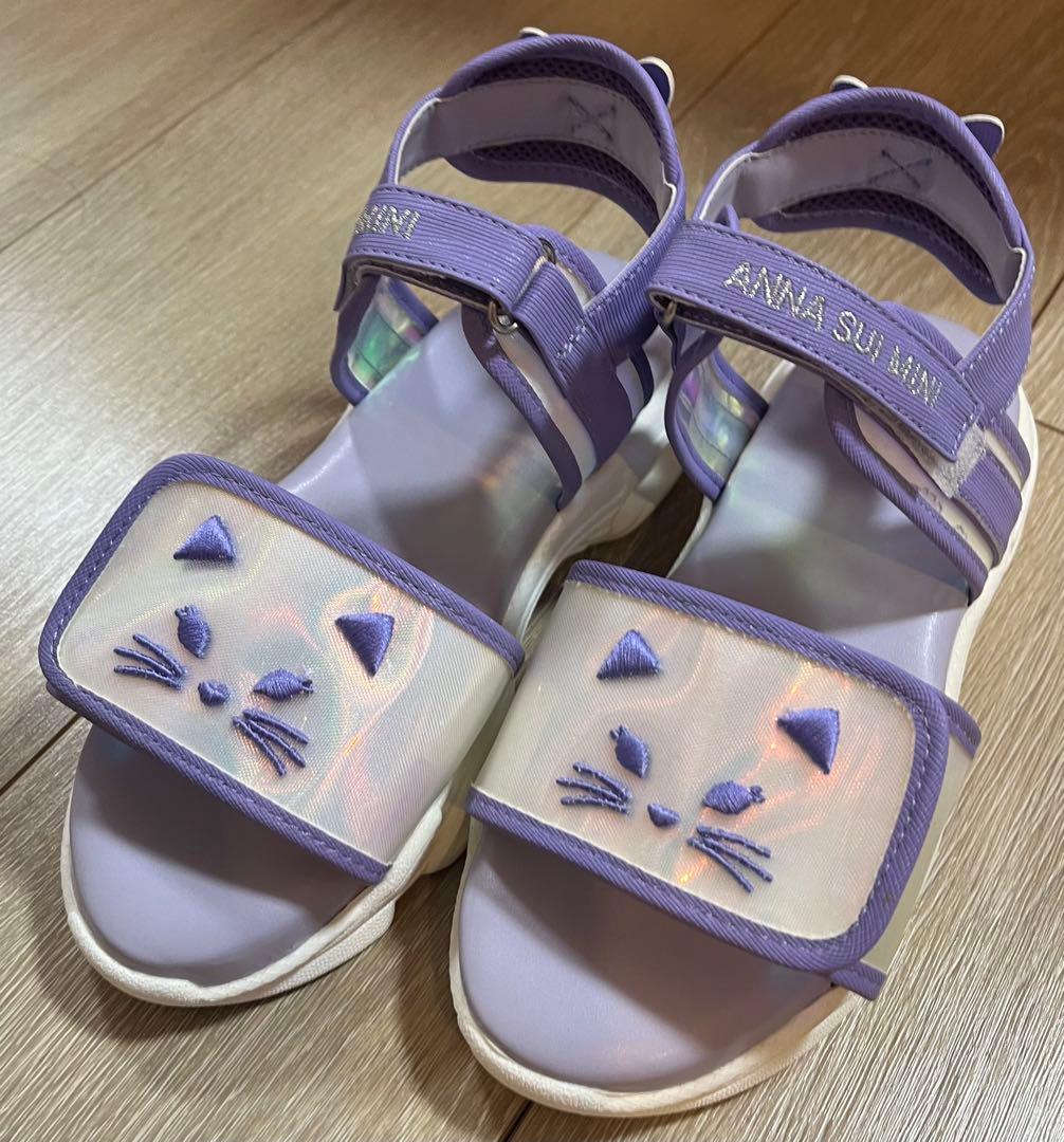 未使用★アナスイミニ★スポーツサンダル★ホワイト★パープル★ネコ22センチ