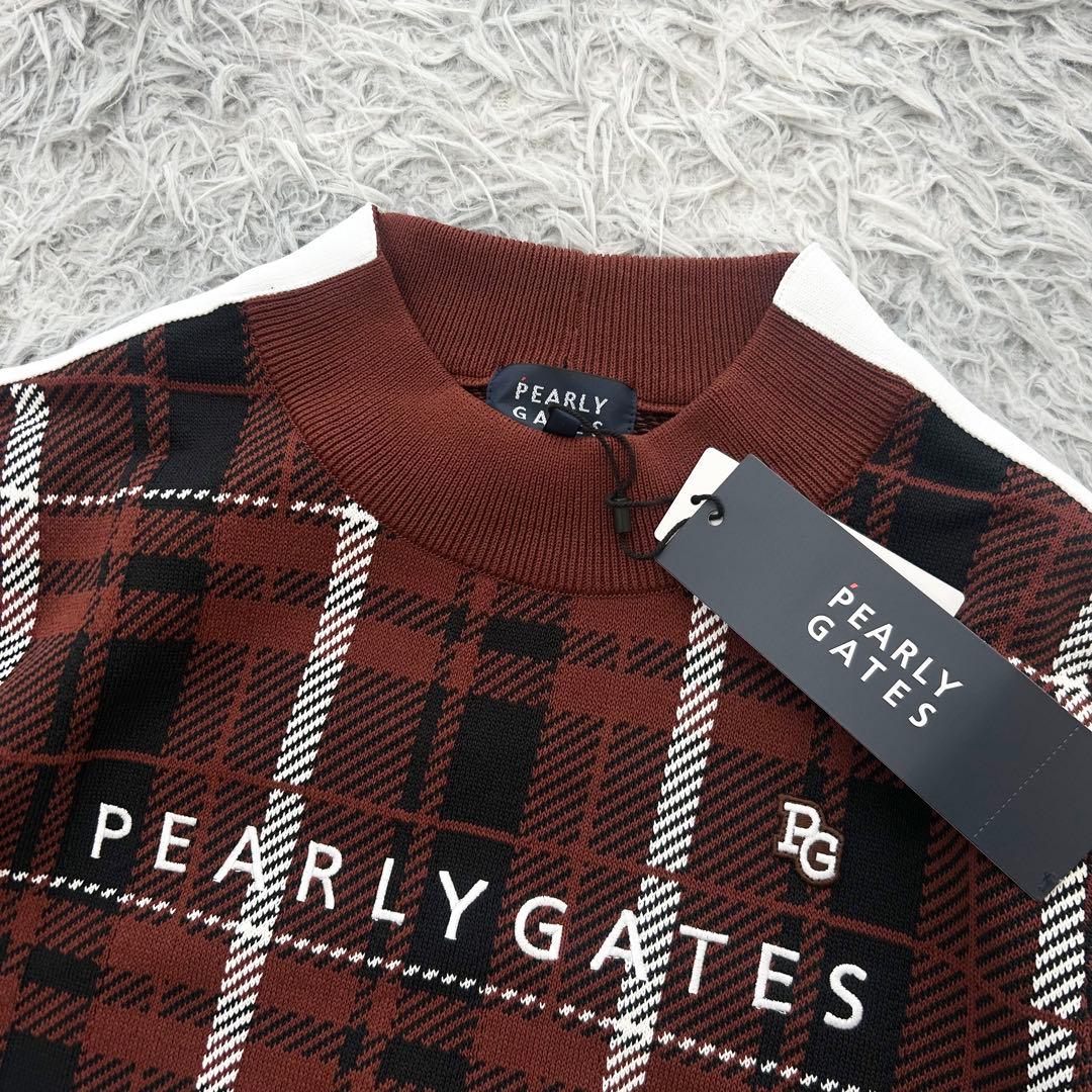 新品　パーリーゲイツ　ニット　セーター　モックネック　春　チェック　ブラウン　1