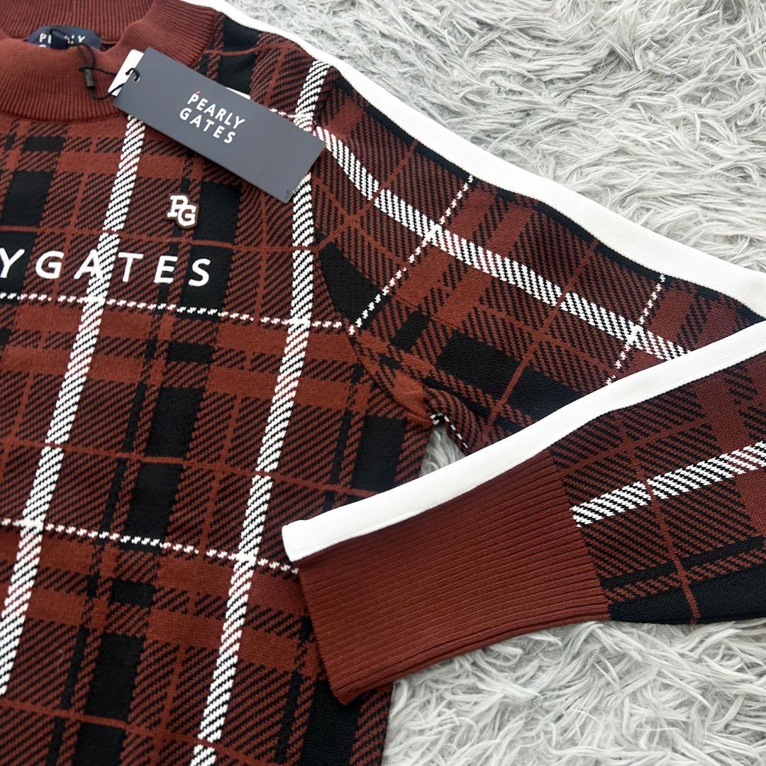 新品　パーリーゲイツ　ニット　セーター　モックネック　春　チェック　ブラウン　1