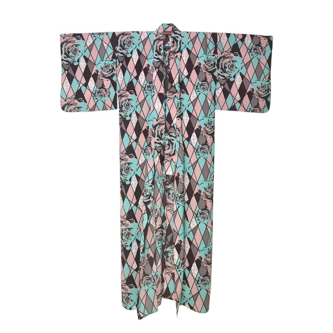 【浴衣】薔薇模様　レトロモダン チョコミント　洋風　単衣　合繊　夏着物　洗える