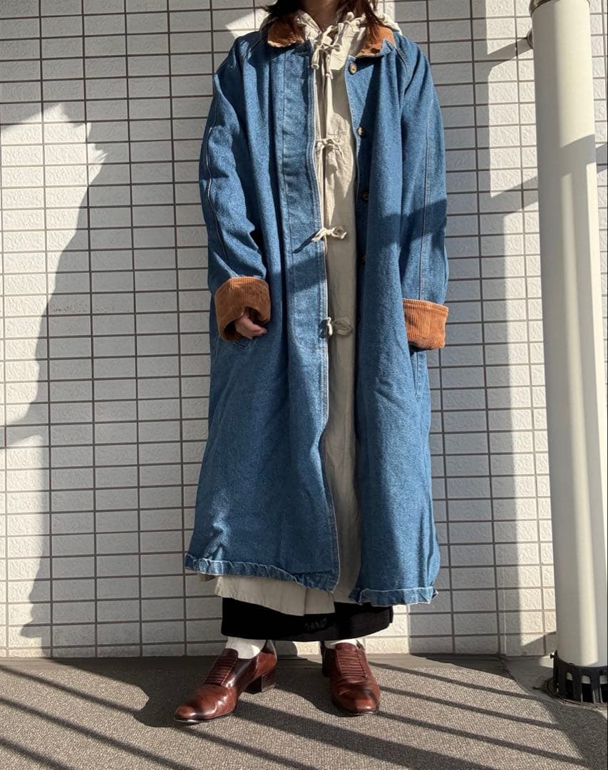 90s デニムロングコート　襟切替 コーデュロイ
