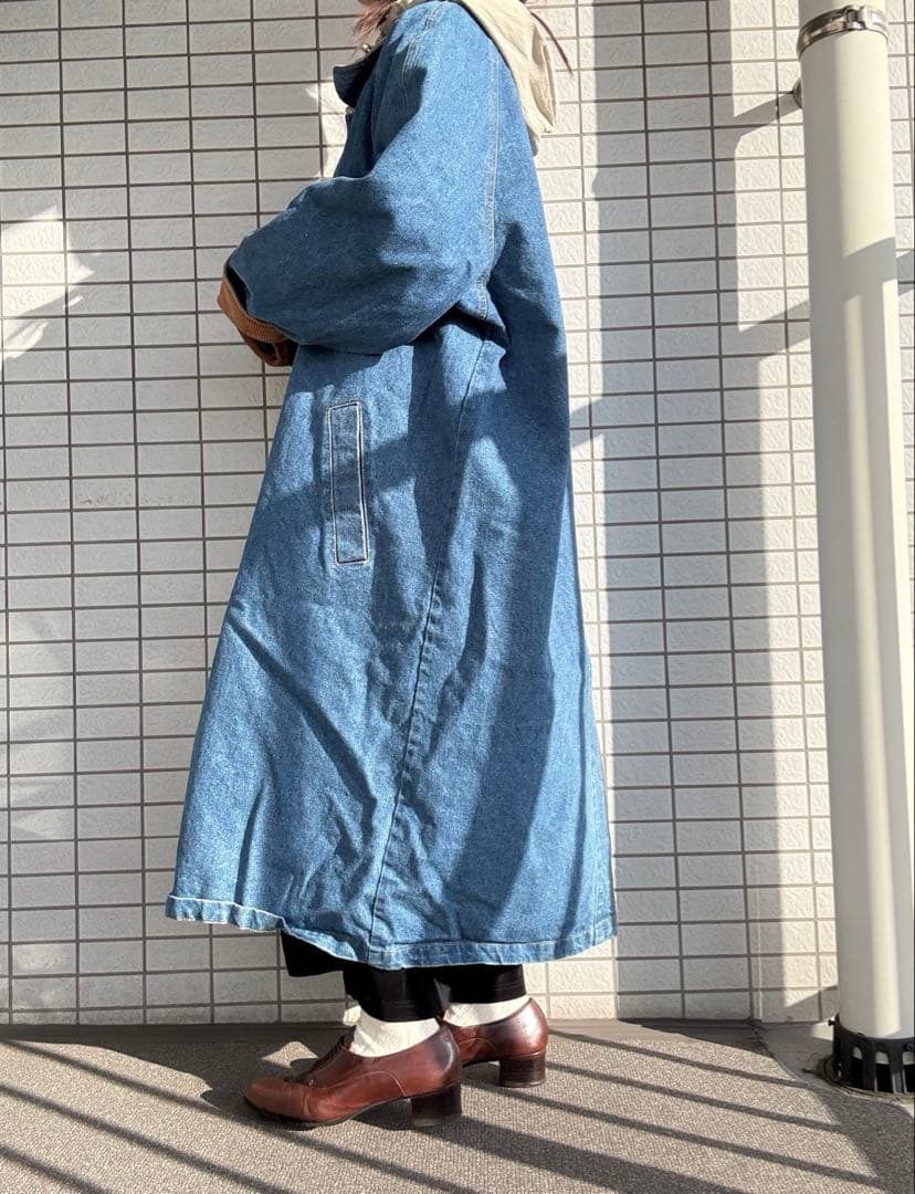 90s デニムロングコート　襟切替 コーデュロイ