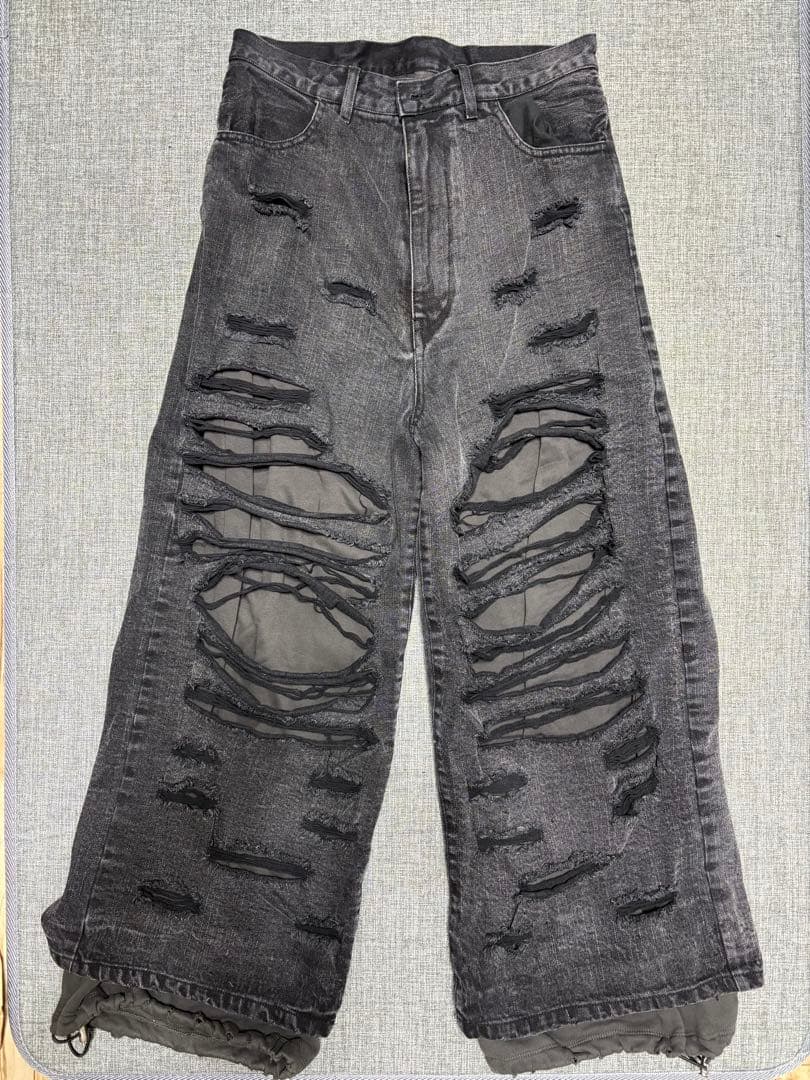 【GRANCY 】スウェットドッキングデザインダメージバギーデニムパンツ M