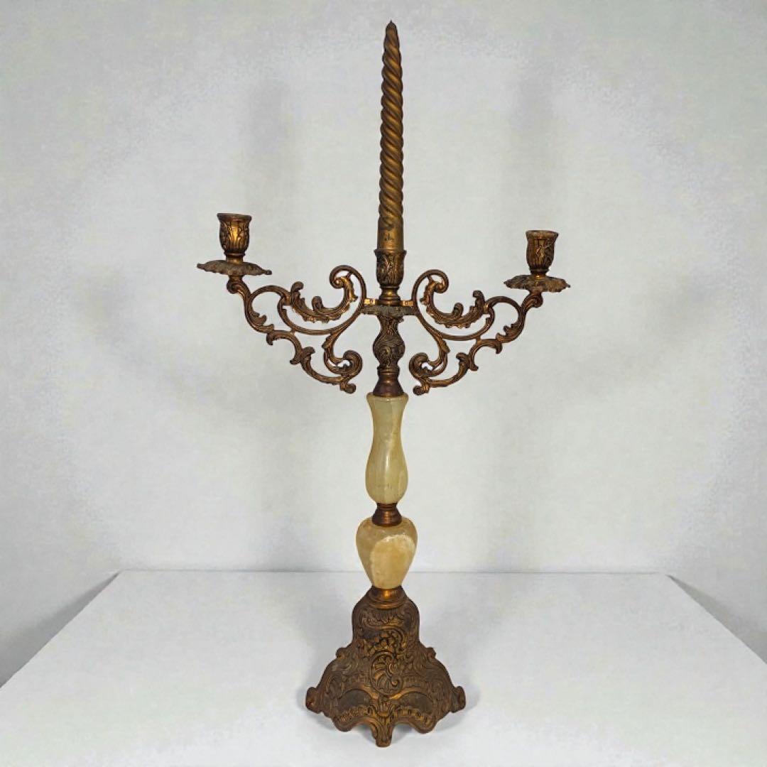 [八6564] 真鍮製　大理石 燭台 キャンドルスタンド