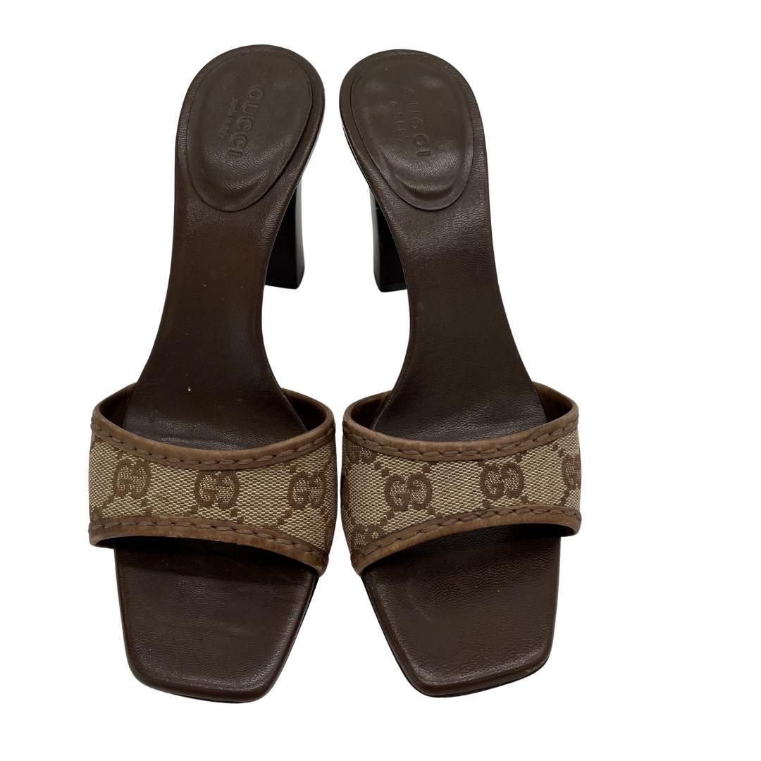 【GUCCI】ミュール サンダル GGキャンバス 37C ブラウン系 ハイヒール
