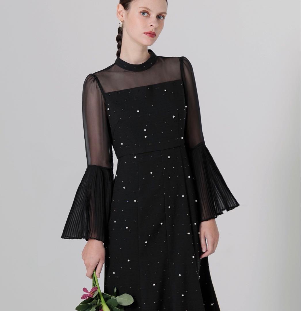 Leja パールビジュープリーツフレアスリーブビーズマーメイドシルエットドレス