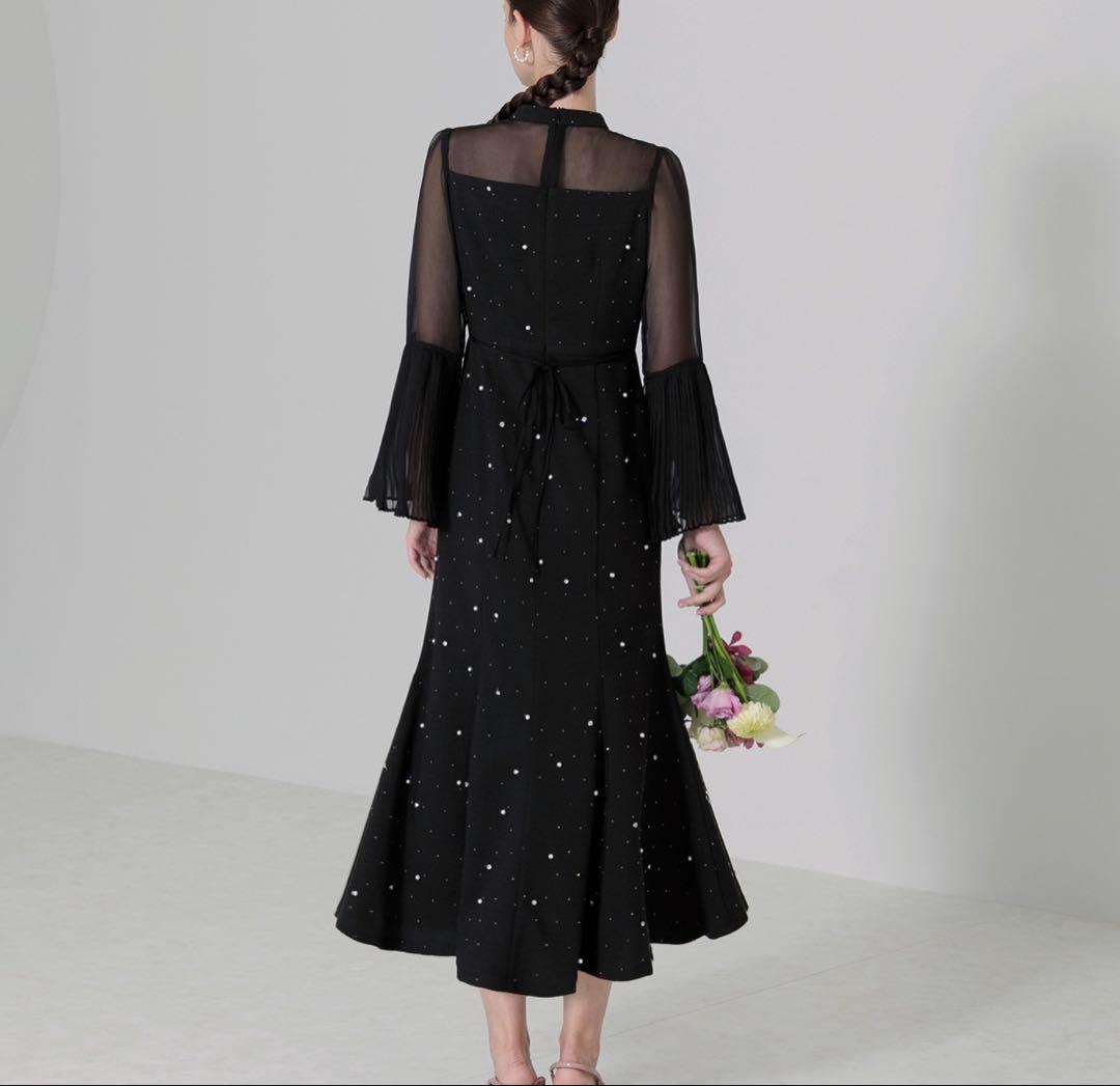 Leja パールビジュープリーツフレアスリーブビーズマーメイドシルエットドレス