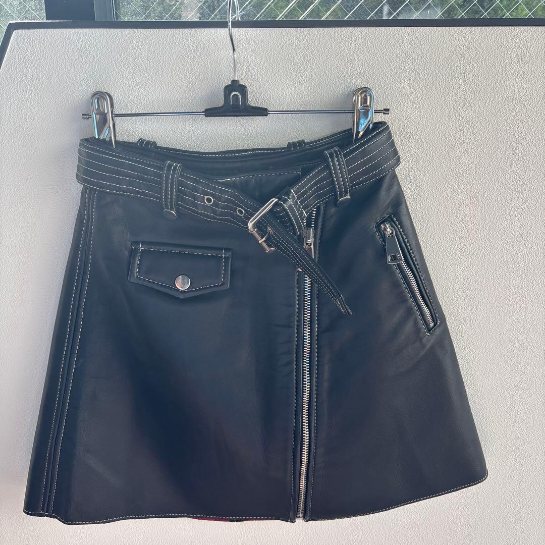 maje レザー　台形　ミニスカート　34 ベルト付き　マージュ　ブラック