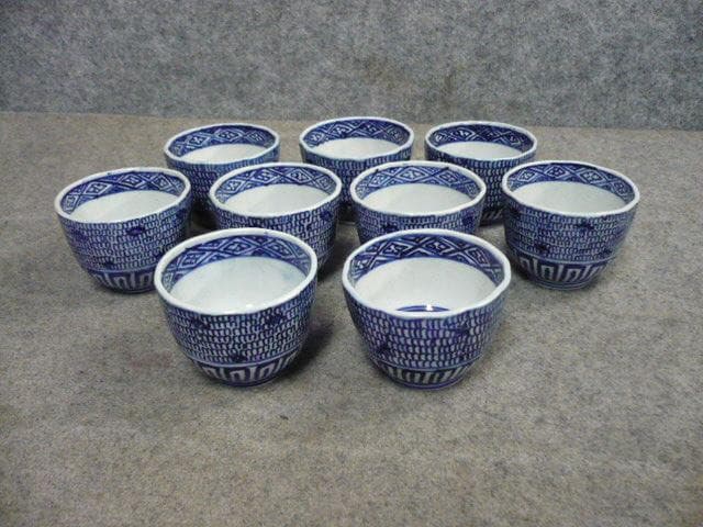 伊万里 みじんこ手 石積み文 染付 ベロ藍 猪口 9個 [B31433]